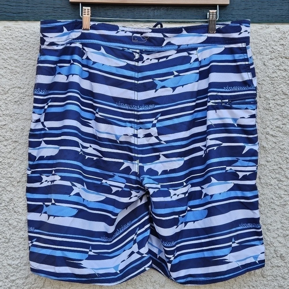 Vineyard Vines blue and white striped board shorts with fish sharks size 38